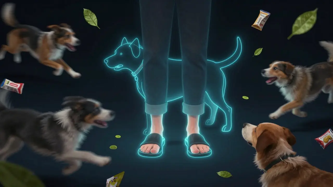 Концептуальное изображение: собака видит хаос вокруг, но фокусируется на неподвижных ногах хозяина.