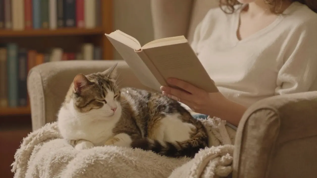 Кошка лежит рядом с человеком, не касаясь, в тёплой атмосфере комнаты.