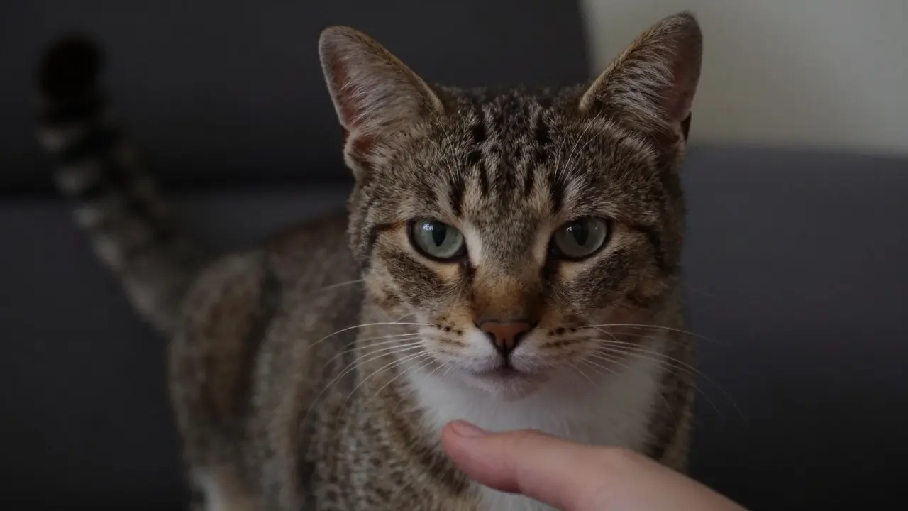 Кошка напряжена, лапа человека рядом с животом, уши повернуты назад.