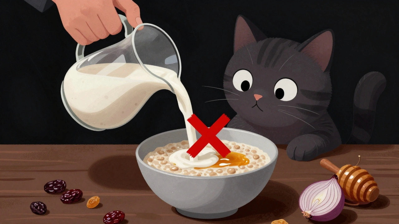 Кошка смотрит на миску с кашей и молоком, вокруг — запрещённые ингредиенты в виде предупреждающих символов.
