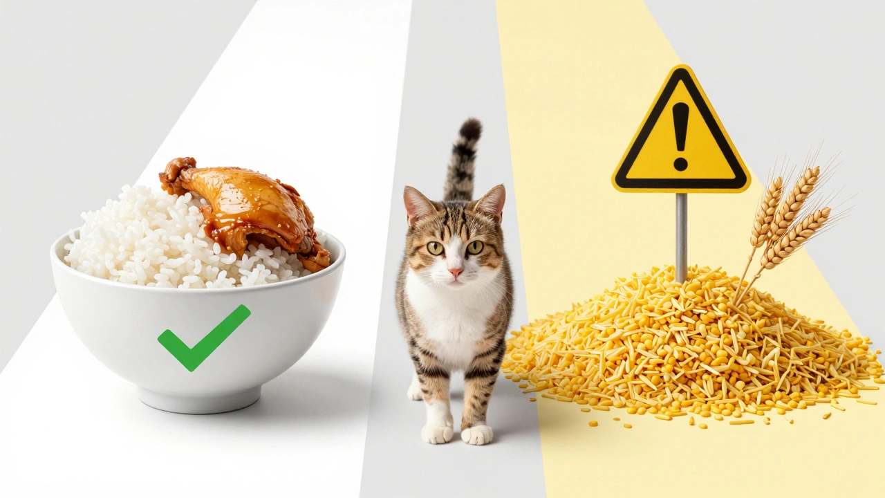 Кошка стоит между двумя путями: здоровая пища с курицей и вредные каши с предупреждающими знаками.