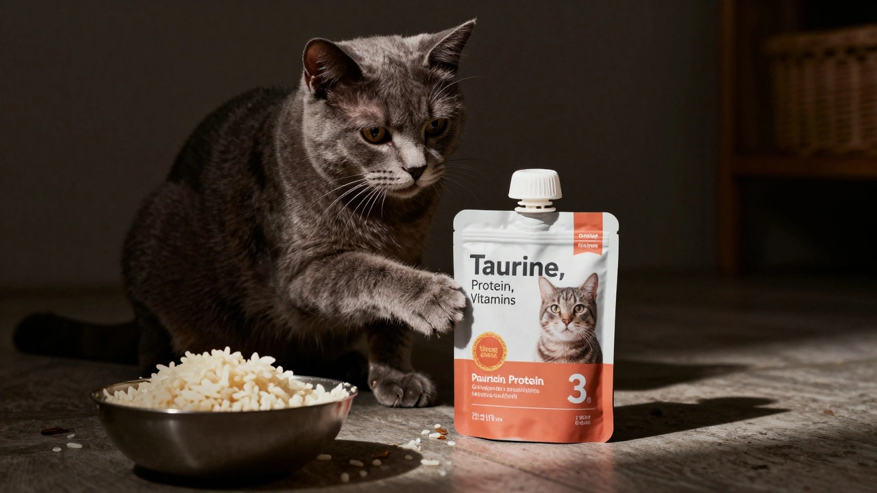 Кошка выбирает качественный корм вместо забытой каши на фоне тусклого освещения.