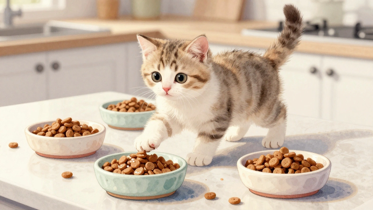 Котёнок играет с четырьмя мисками для еды на кухонной стойке.