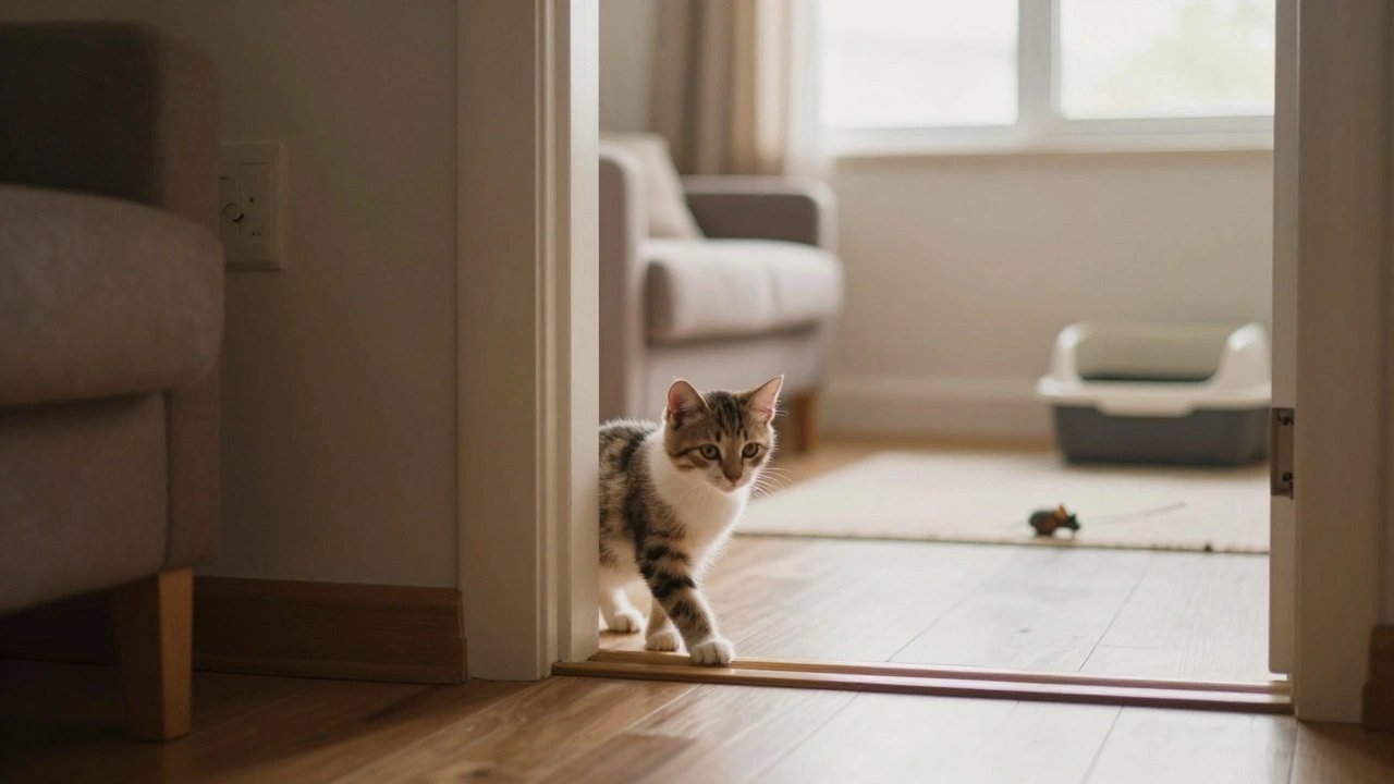 Котенок осторожно выходит из укрытия в более просторное пространство.