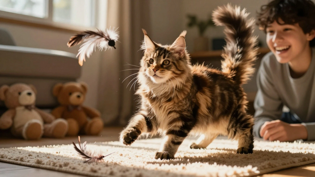 Мейн-кун играет с перьевой игрушкой рядом с подростком в уютной обстановке.