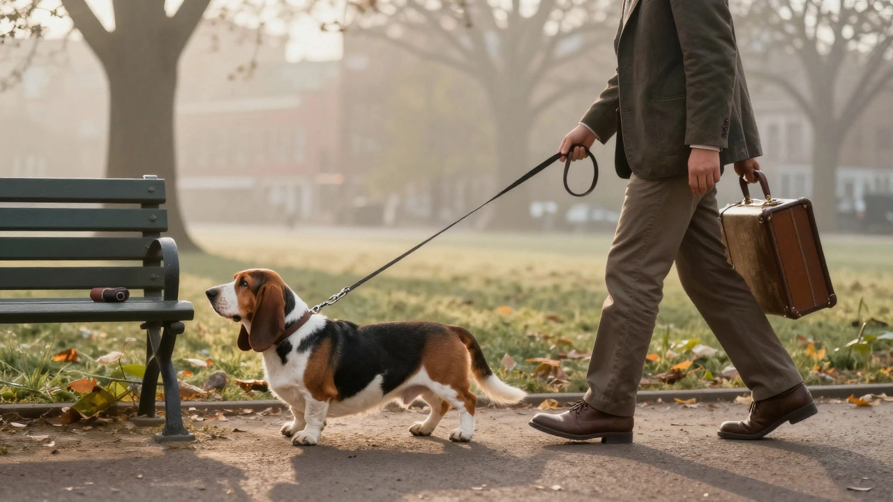 Новичок гуляет с биглем в парке на рассвете, держа поводок.