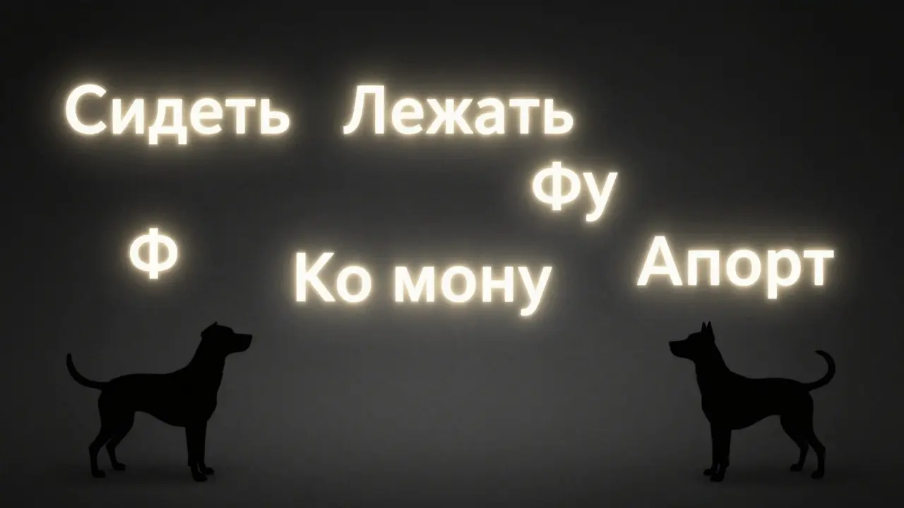 Пять русских команд в виде светящихся слов, вокруг — силуэт собаки в ответ на каждую.