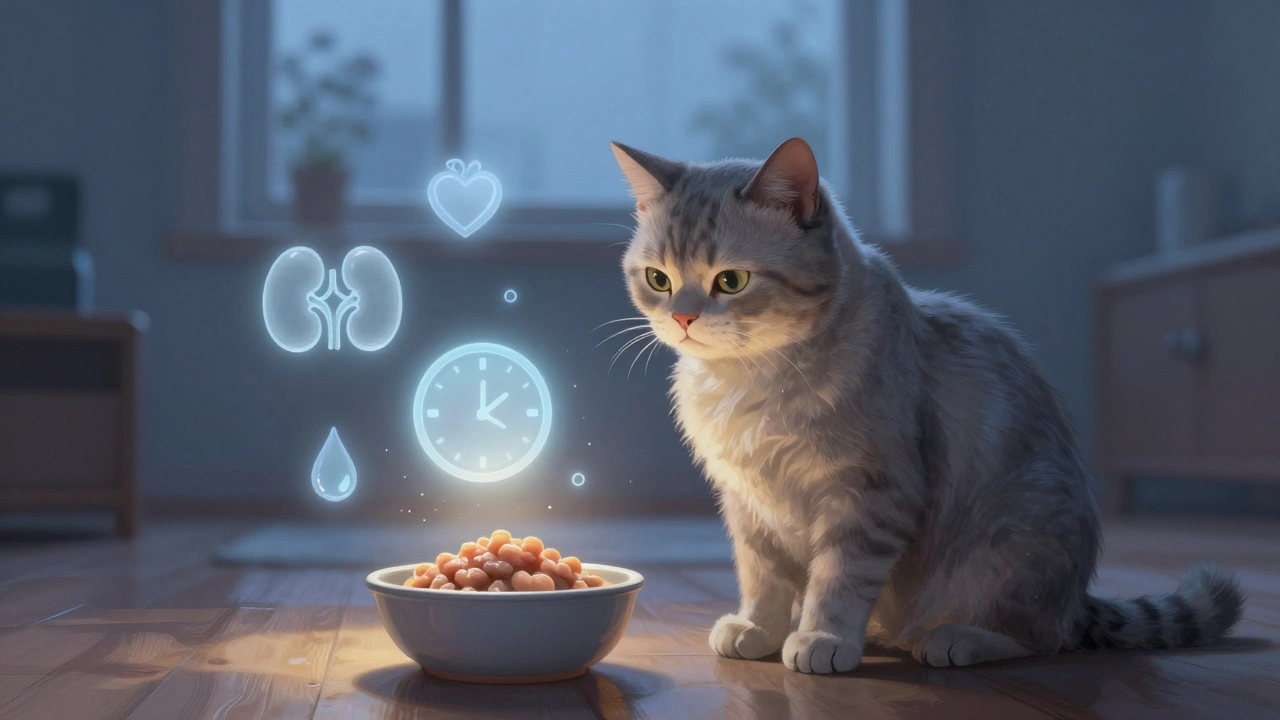 Пожилая кошка рядом с миской влажного корма, вокруг — символы здоровья.