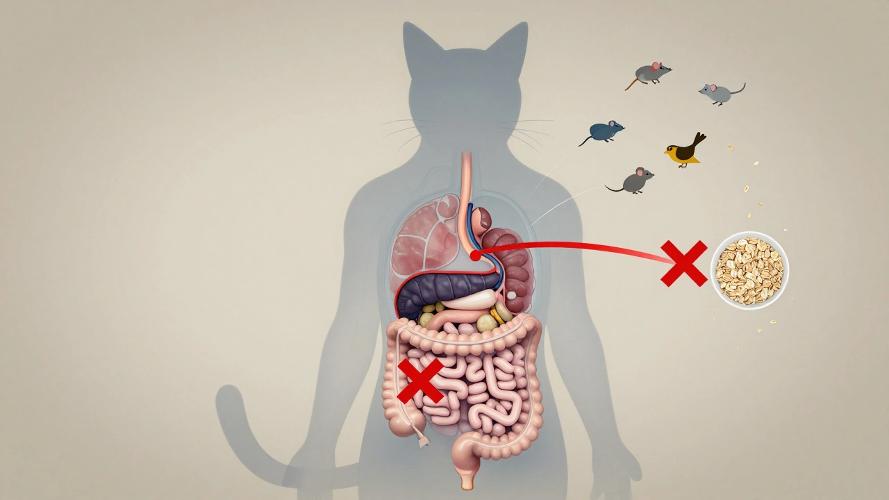 Прозрачный силуэт кошки с графикой пищеварения: белки и жиры проходят, углеводы блокированы.