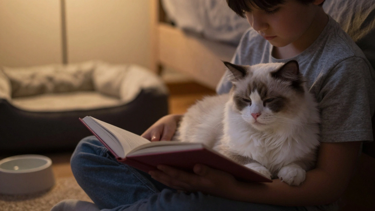 Ребёнок читает вслух, а рагдоль спокойно лежит на его коленях в тишине вечера.