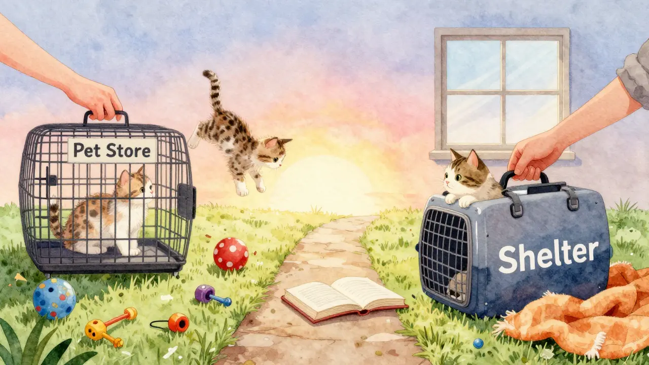 Рука берет котенка из магазина, другая — взрослую кошку из приюта, между ними — путь выбора.