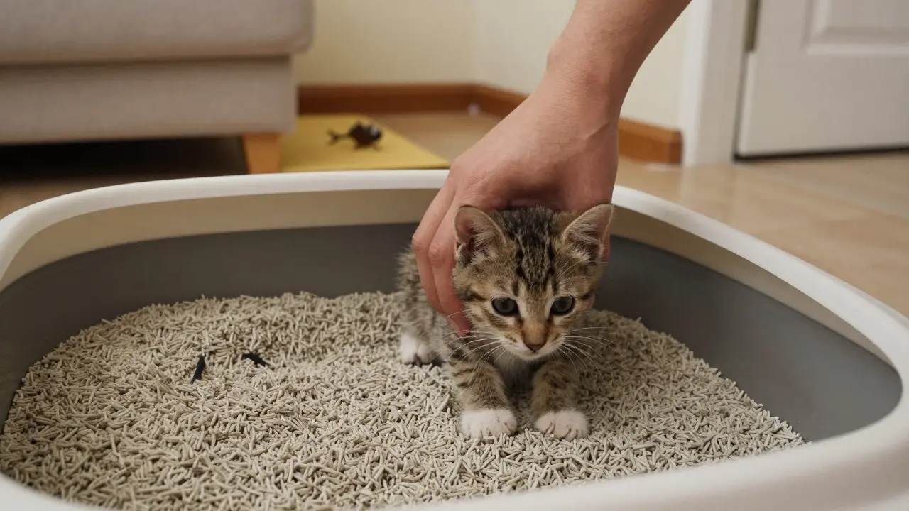 Руки аккуратно направляют котёнка в лоток с мягким наполнителем.