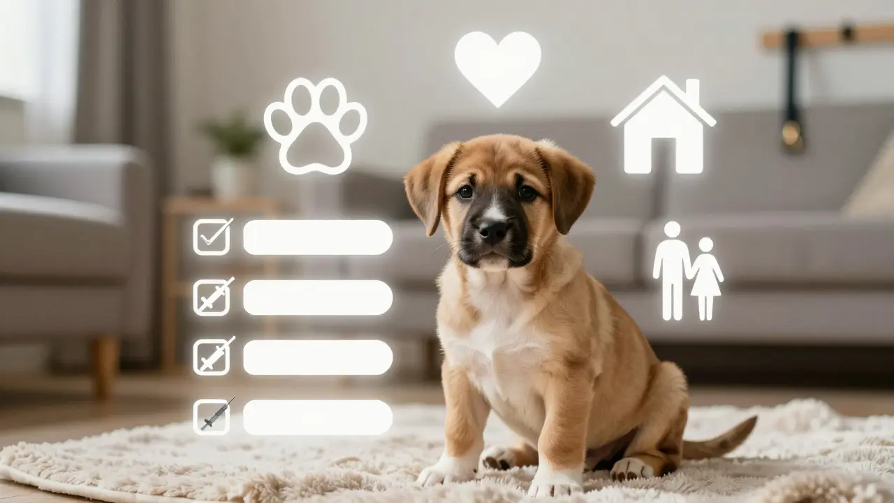 Щенок на одеяле с визуальными значками: здоровье, темперамент, образ жизни, прививки, семья.