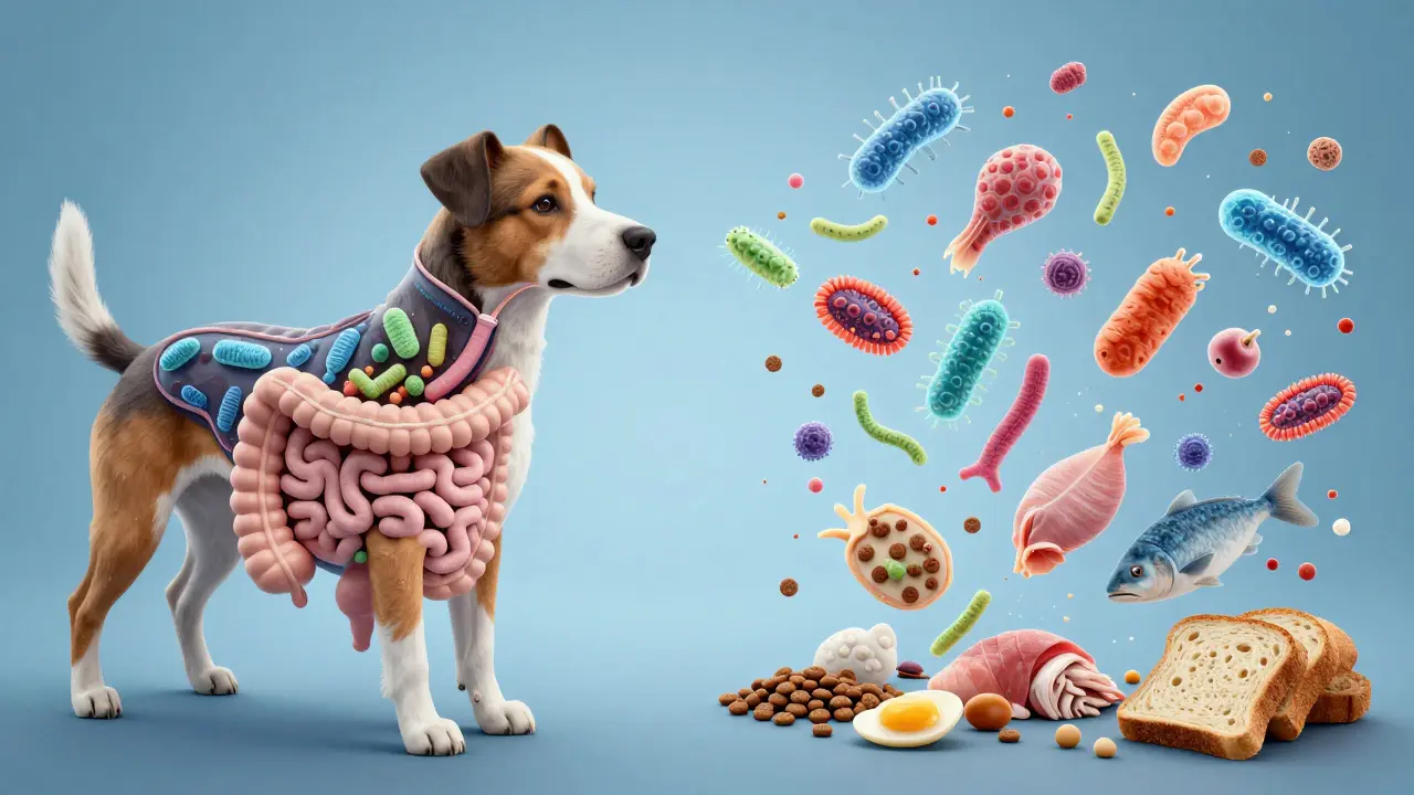 Схематичное изображение здоровой микрофлоры кишечника собаки при стабильном питании и хаоса при частой смене корма.