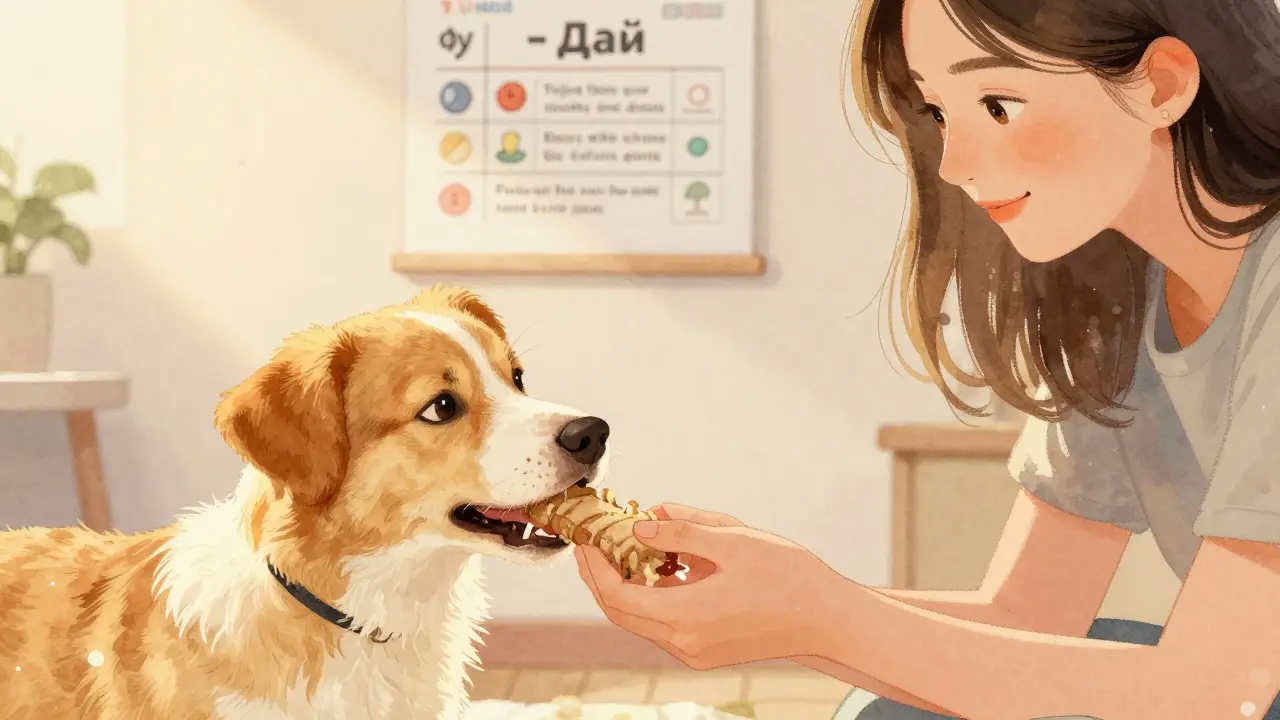 Собака берет игрушку из рук владельца, оба спокойны, вокруг теплое освещение и признаки позитивного обучения.