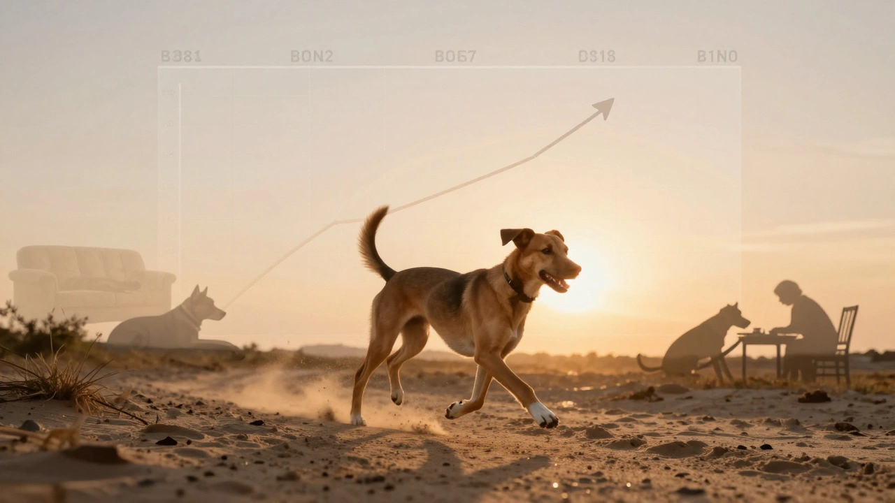 Собака бежит на закате, её тело стало стройнее, за спиной — следы прошлого