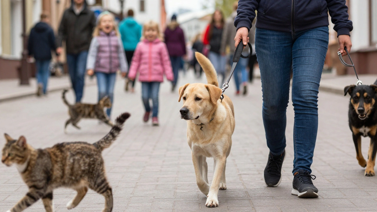 Собака идет рядом с хозяином без поводка по оживленной улице, игнорируя отвлекающие факторы.