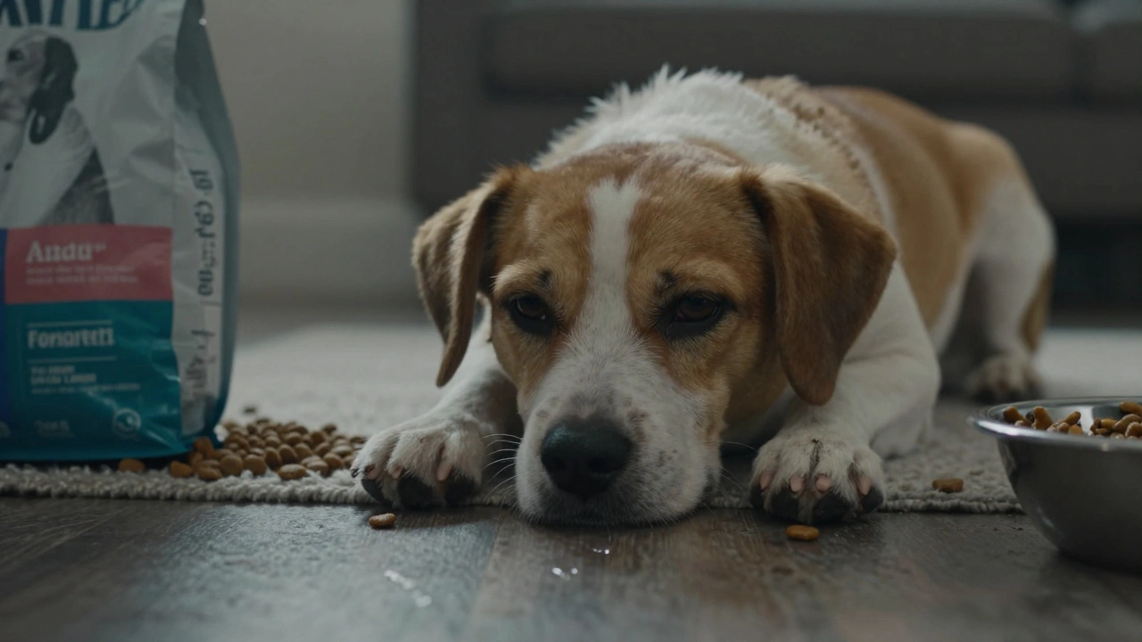 Собака лежит вяло на полу рядом с открытой упаковкой нового корма, в комнате тусклый вечерний свет.