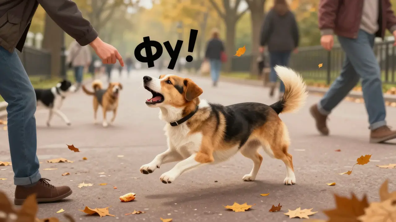 Собака остановилась на парковой дорожке, реагируя на резкую команду, рядом лежит еда.