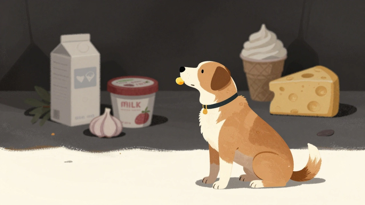 Собака получает кусочек сыра размером с фасоль, рядом — запрещённые продукты в тени.