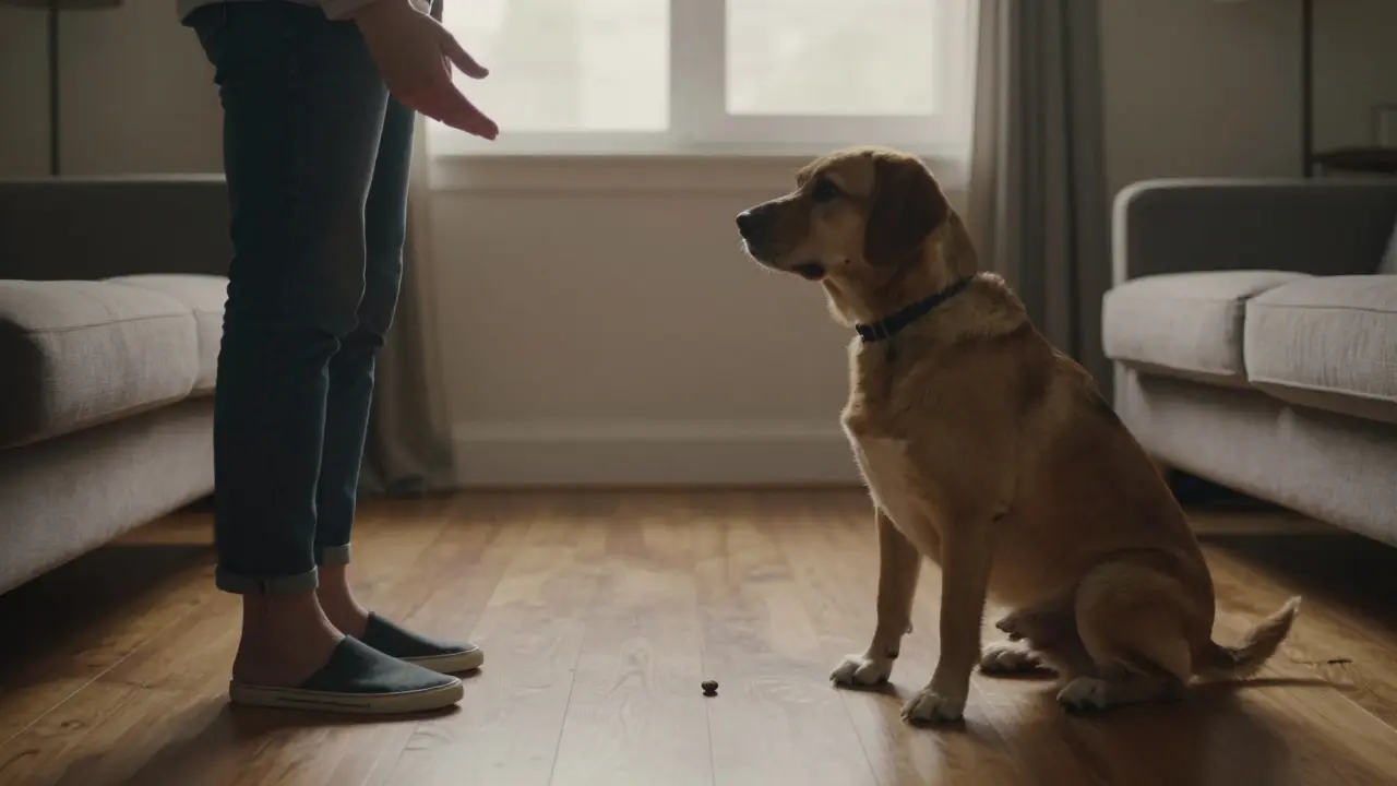 Собака сидит неподвижно в тихой комнате, хозяин делает шаг назад, рука поднята в знак 'оставайся'.