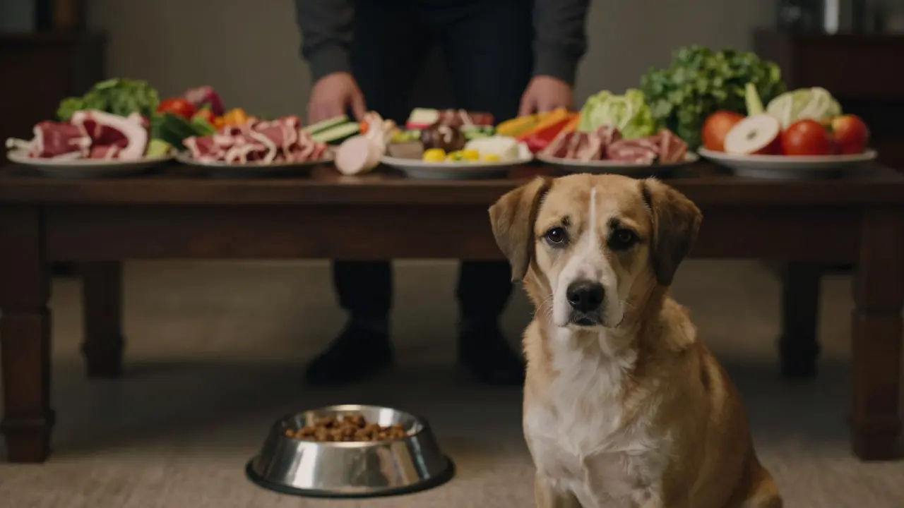 Собака смотрит вперед, игнорируя разнообразие еды за спиной — символ стабильности вместо экспериментов.