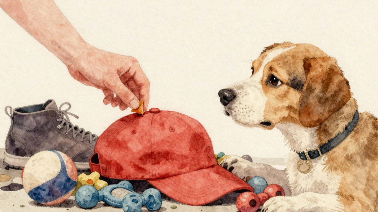 Собака выбирает красную кепку из нескольких предметов, сосредоточенно смотря на хозяина.