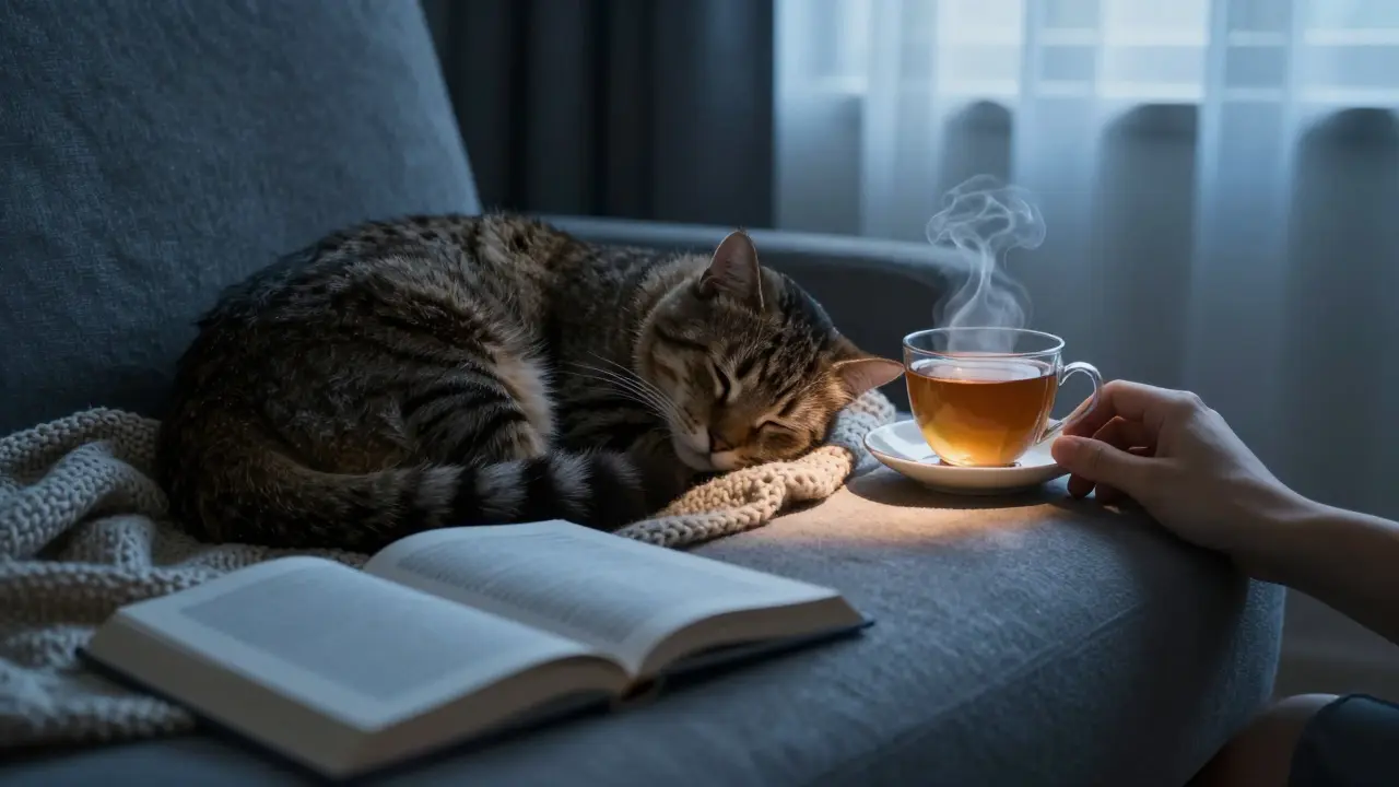 Спящая кошка на пледе рядом с книгой и чашкой, рука человека рядом, но не касается.