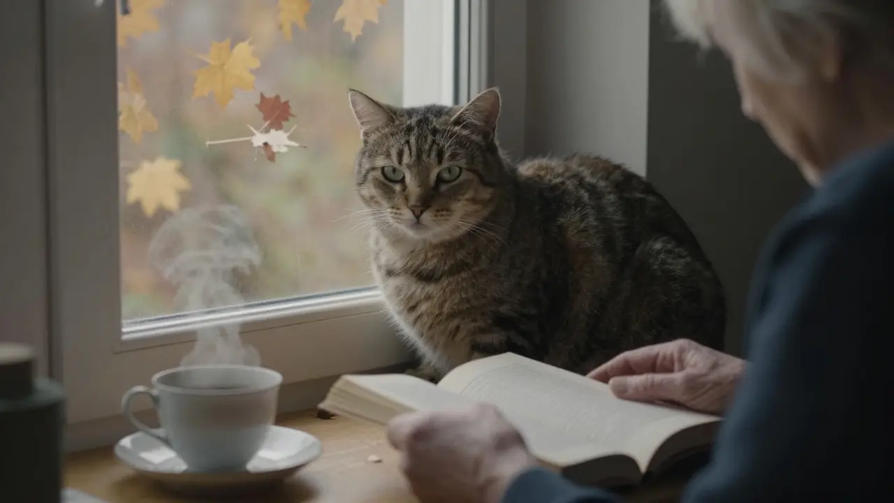 Спокойная взрослая кошка сидит на подоконнике рядом с пожилым человеком, читающим книгу.