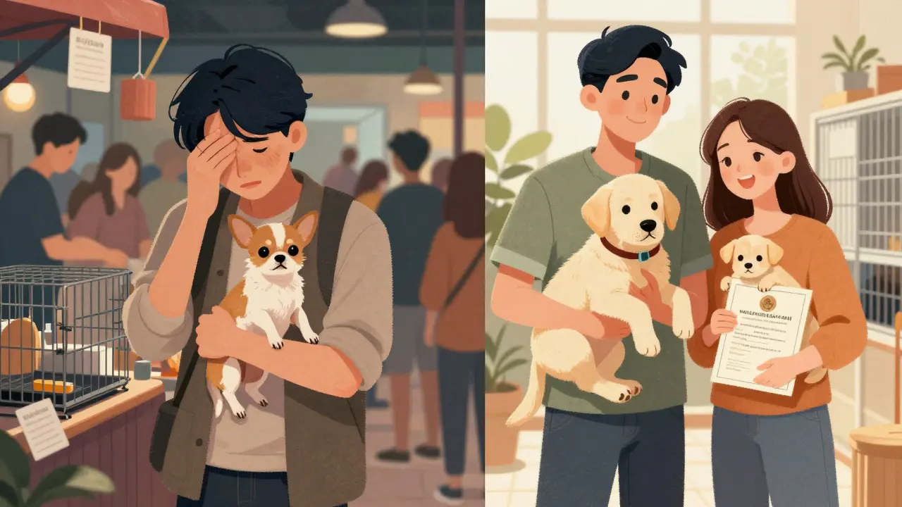 Сравнение: слева — щенок на рынке, справа — щенок в чистом питомнике с документами.
