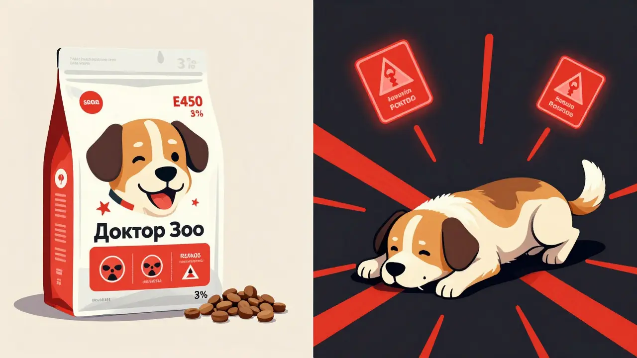 Сравнение: собака ест корм с токсинами и затем падает в судорогах, с предупреждающими символами.