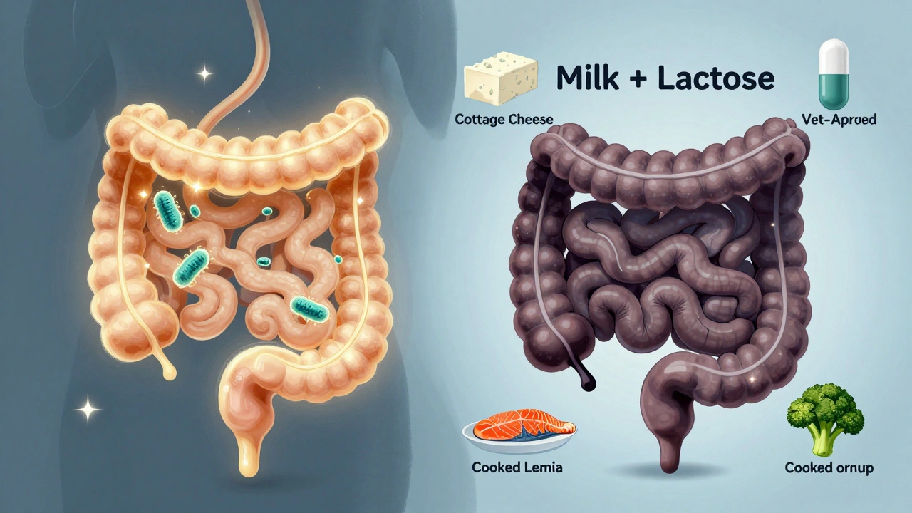 Сравнение здорового и повреждённого кишечника собаки с безопасными альтернативами.