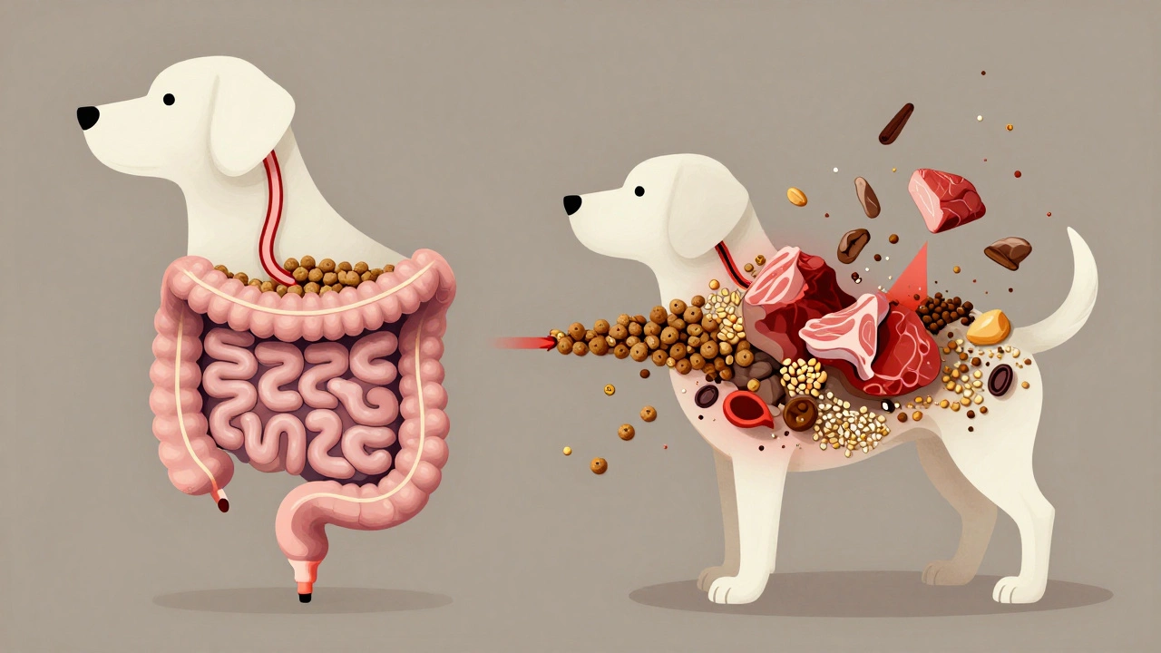 Упрощённая схема пищеварительной системы собаки: слева — нормальный поток, справа — нарушения от смены корма.