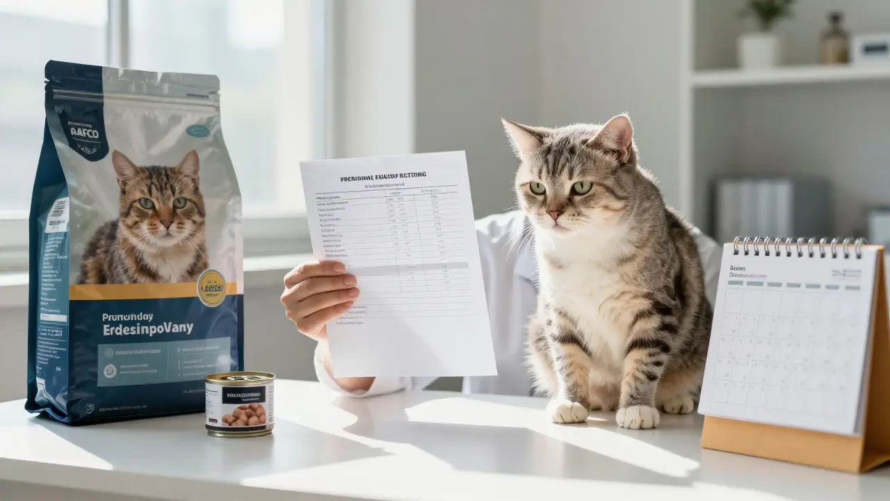 Ветеринар показывает анализ кошки, рядом — качественный корм и напоминания о проверках.