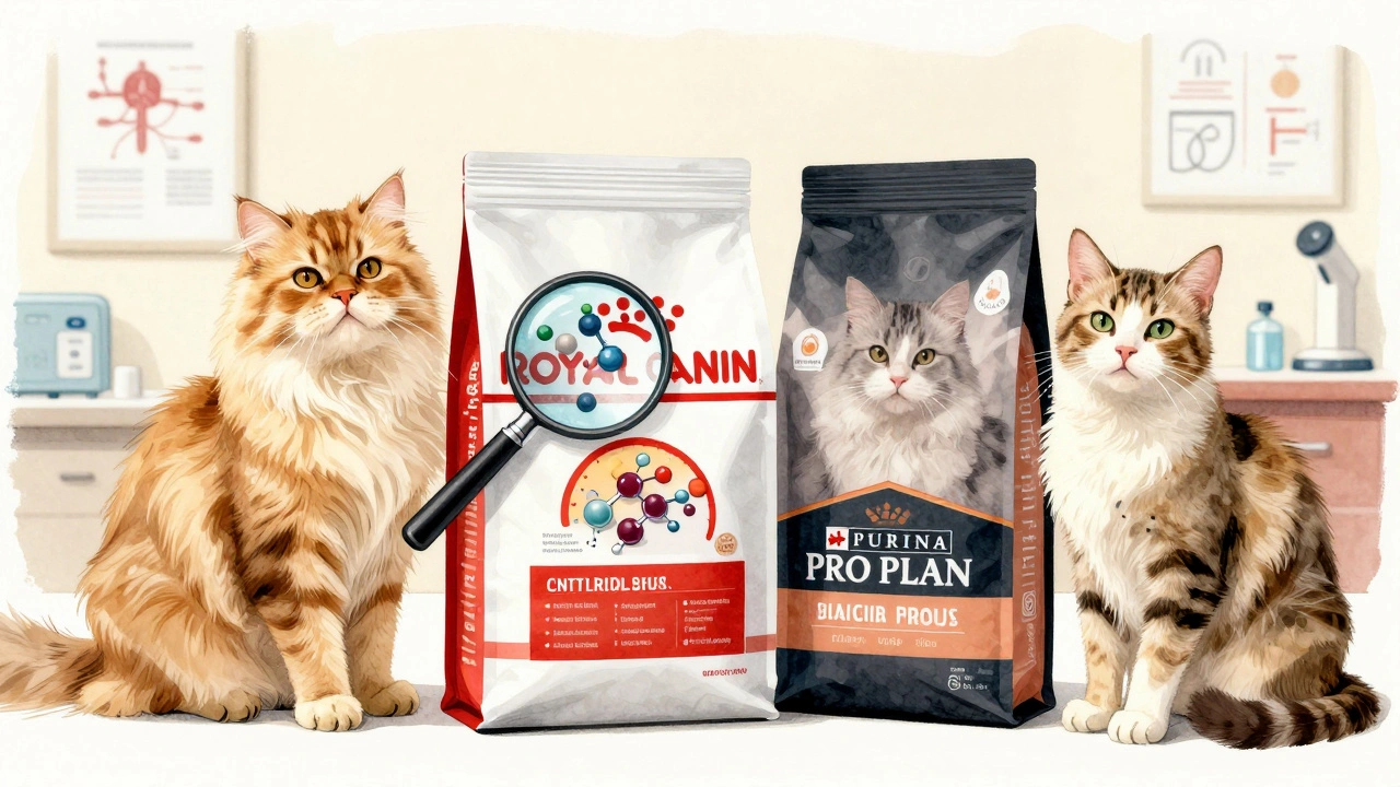 Ветеринар показывает различия в составе кормов Royal Canin и Purina Pro Plan, две кошки рядом, научный стиль.