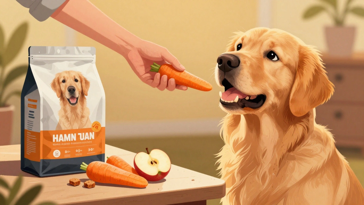 Владелец даёт собаке морковку и яблоко вместо вредных лакомств