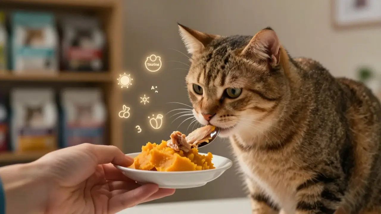 Кошка ест курицу с тыквой, помогающую ей восстановиться после болезни.