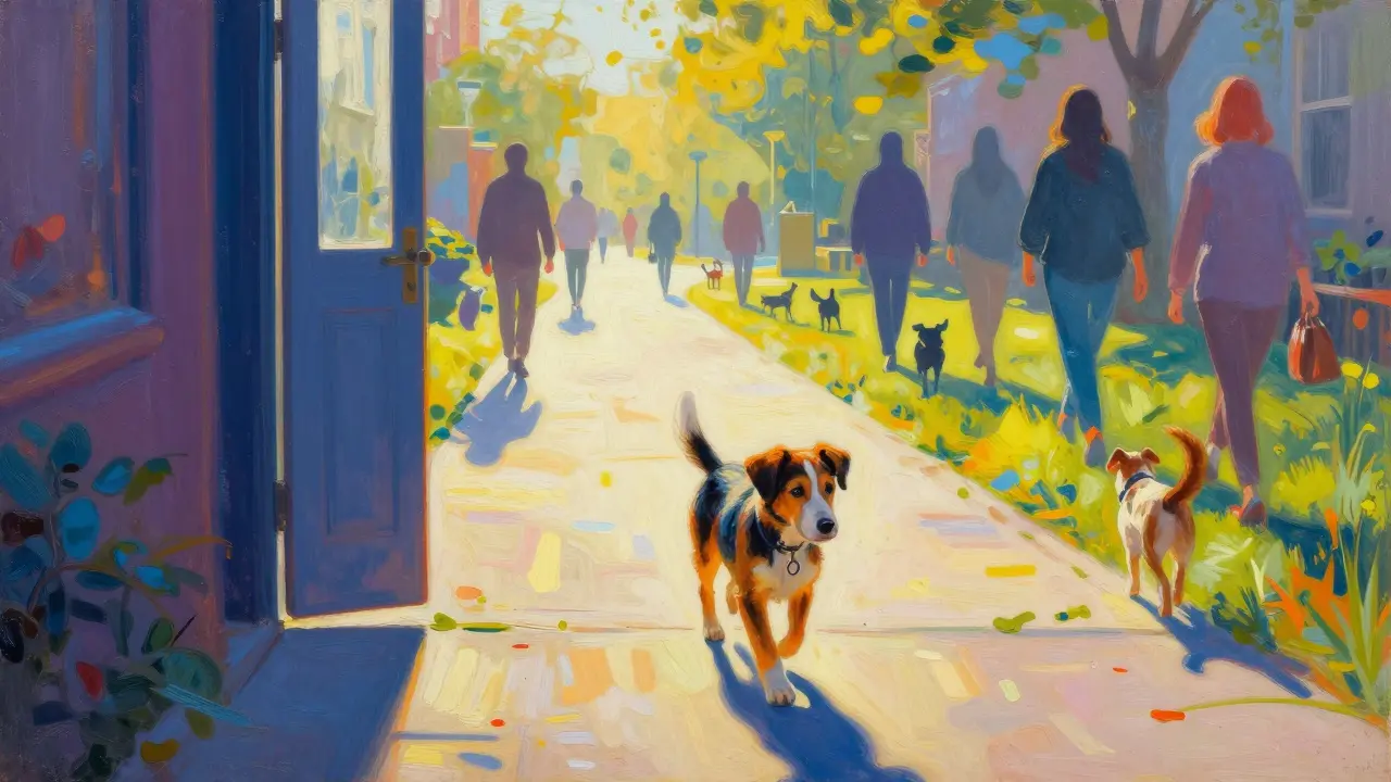 Молодая собака гуляет по улице, окружённая разными людьми.