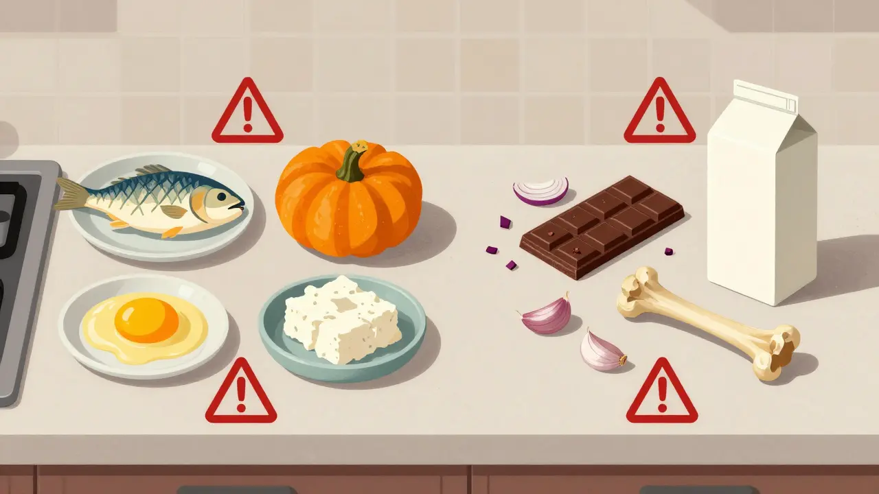 На столе разделены безопасные и опасные продукты для кошек.