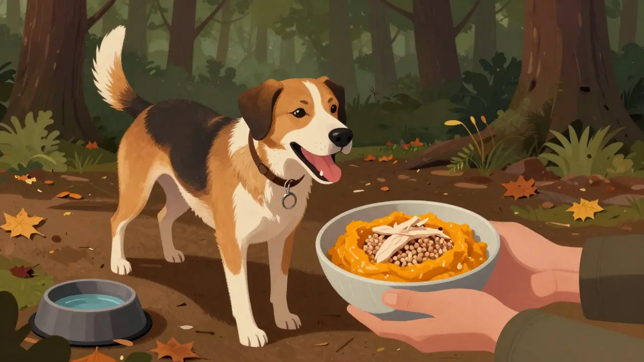 Охотничья собака получает полезный ужин из тыквы и гречки после прогулки.