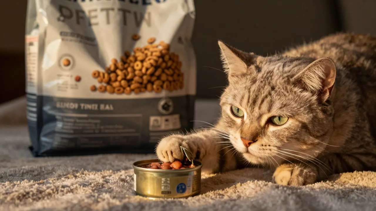 Пожилая кошка лежит рядом с открытой банкой влажного корма, сухой корм в тени позади.