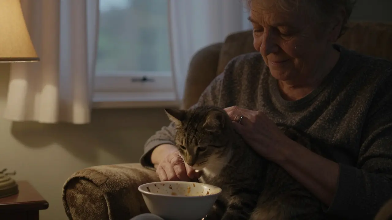 Пожилой человек и кошка в тихой комнате, тёплое вечернее освещение.