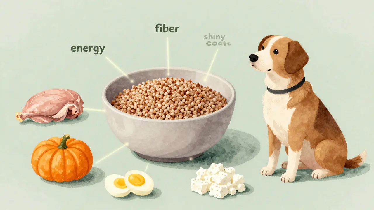 Сбалансированный рацион собаки: гречка, индейка, тыква и яйцо в порциях рядом с собакой.