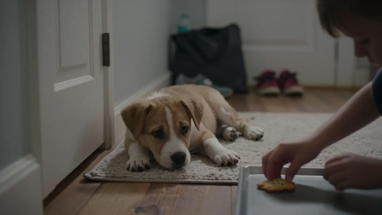 Щенок лежит спокойно на коврике, наблюдая, как ребенок тянется к печенью — учится терпению и самоконтролю.