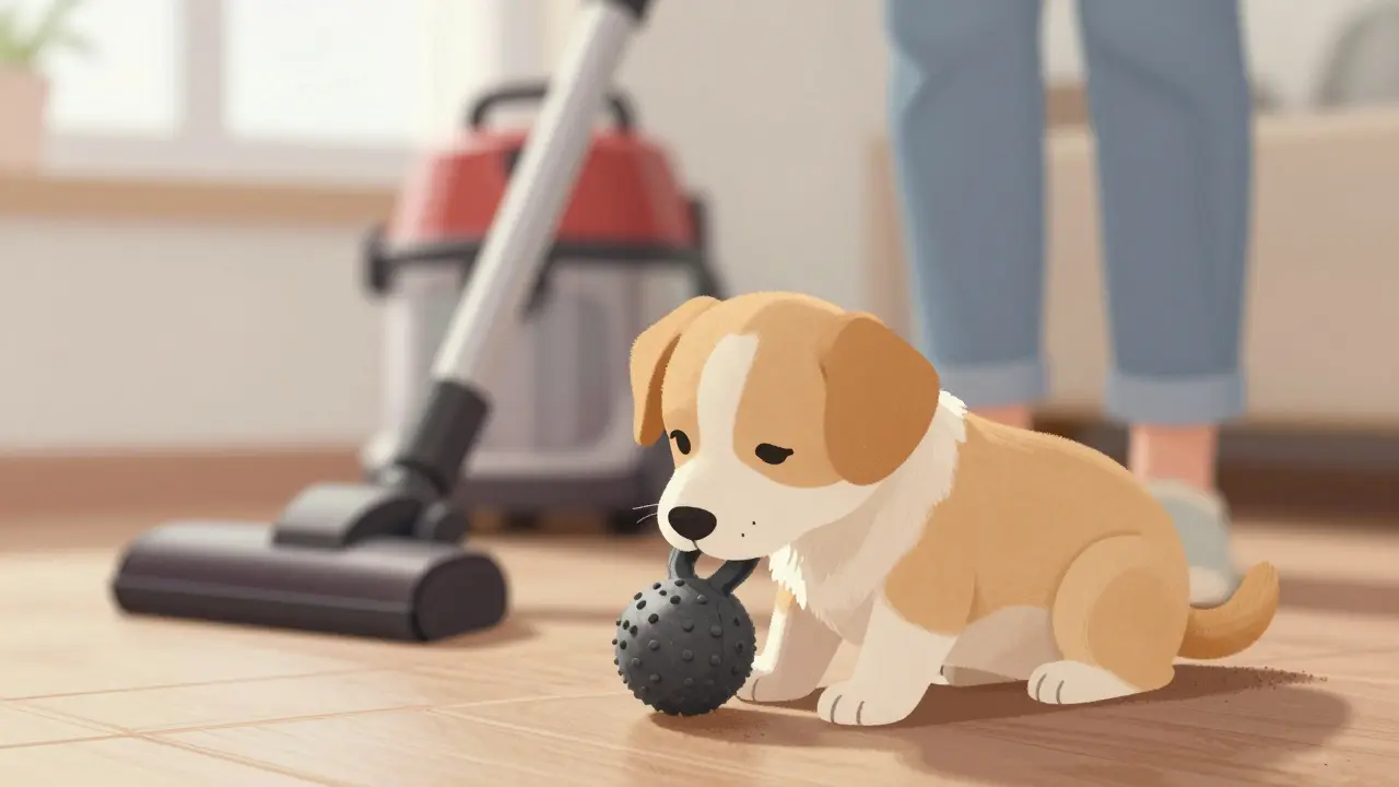 Щенок спокойно играет с игрушкой рядом с человеком.