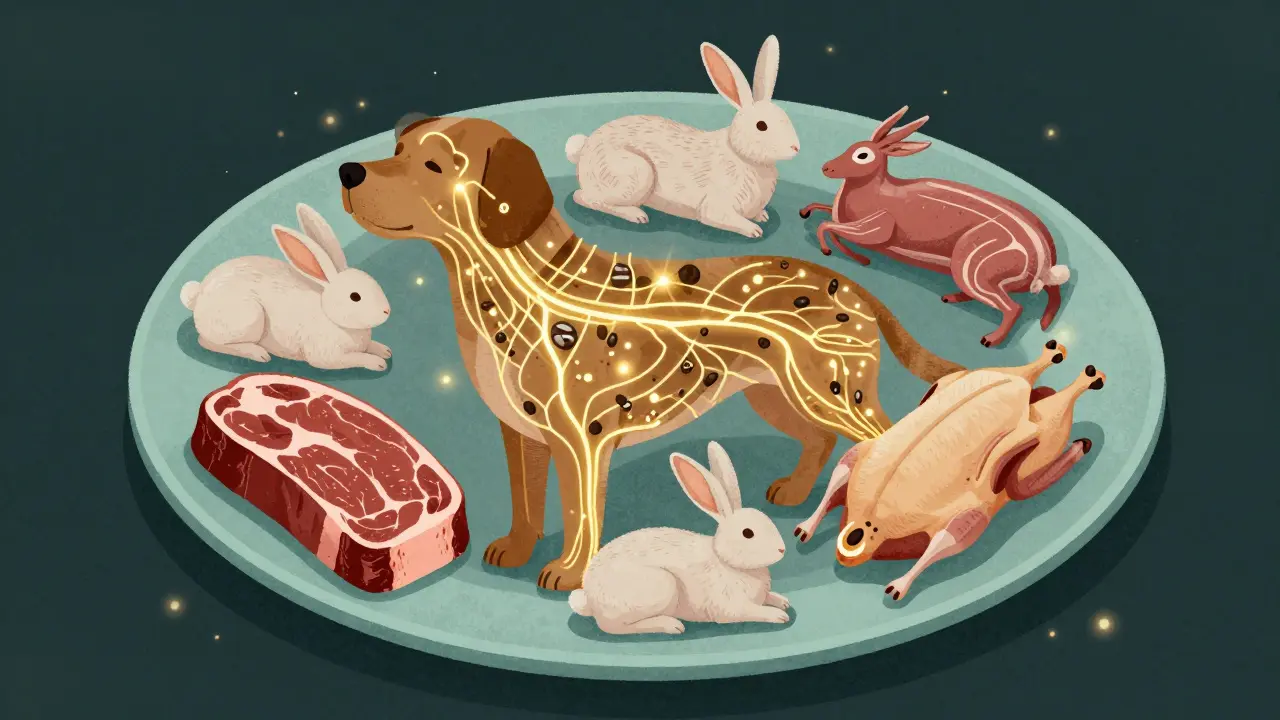 Схема нервной системы собаки, наложенная на тарелку с полезным мясом и витаминами.