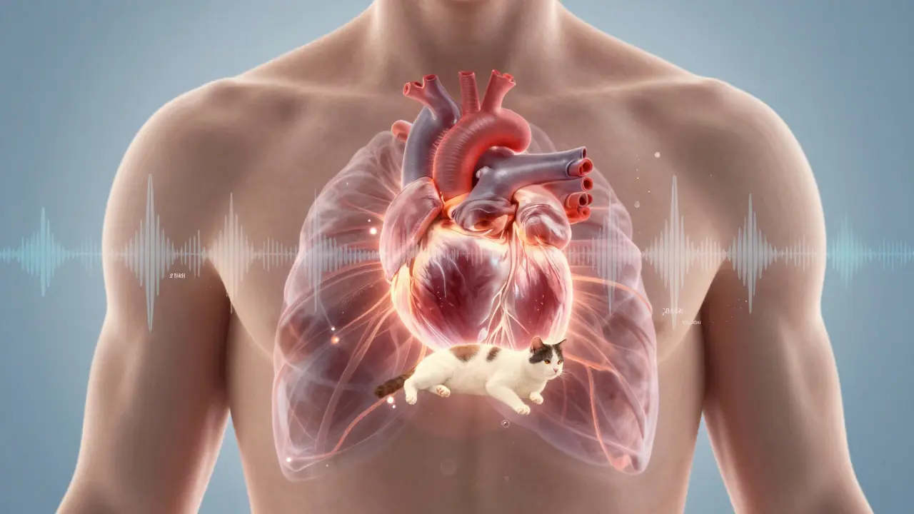 Схема сердца человека с волнами мурлыканья кошки, уменьшающими стресс.