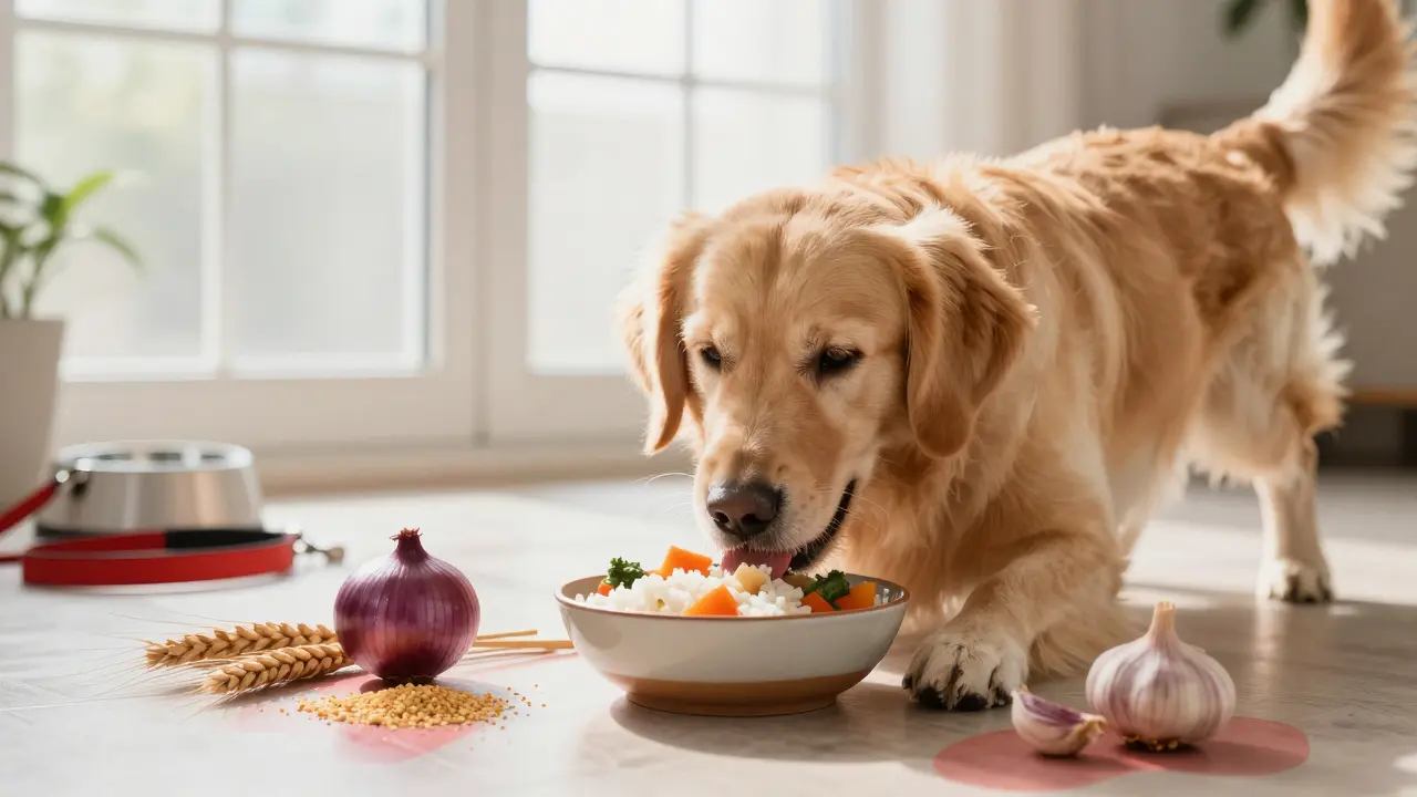 Собака ест рис с овощами, вокруг — запрещённые продукты в красных тенях.