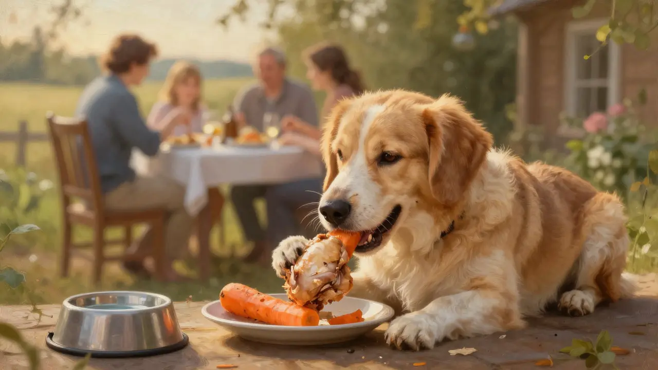 Собака ест вареное мясо и морковь в уютном углу, вдали от семейного ужина.