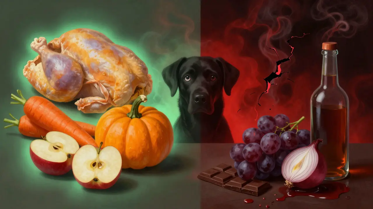 Сравнение безопасных и опасных продуктов для собак в виде контраста света и тьмы.